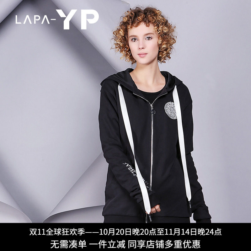 纳帕佳La paY－P冬字母绣花加厚长外套休闲纯棉上衣开衫潮卫衣女