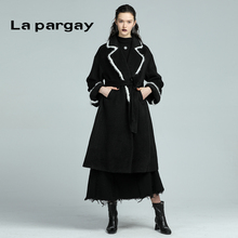Lapargay纳帕佳2023新款女装冬季黑色中长款针织大衣毛呢外套风衣