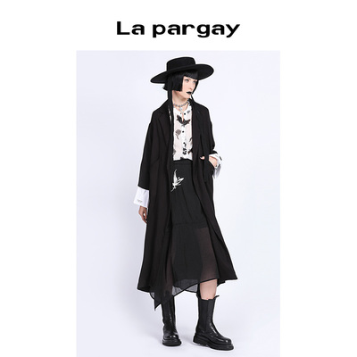 Lapargay纳帕佳2023新款女装黑色中长款风衣休闲宽松外套长袖大衣