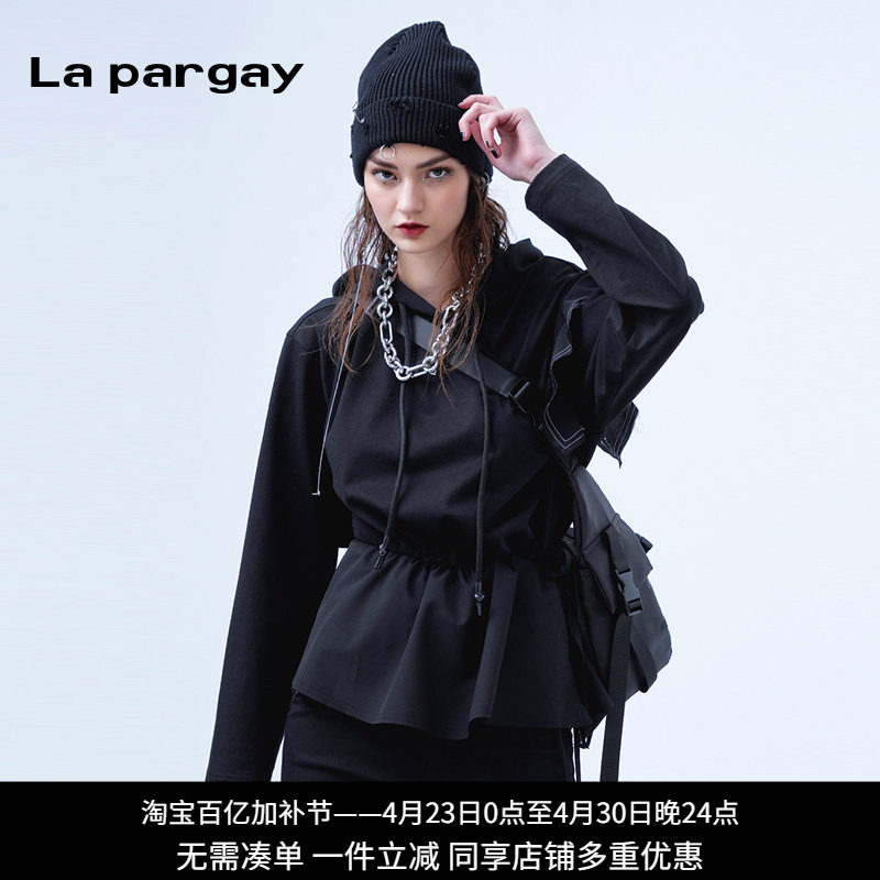 纳帕佳荷叶边装饰连帽套头卫衣2024春夏新款女式黑白色不规则上衣