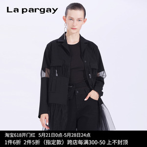 Lapargay纳帕佳2023新款女式黑色帅气网纱拼接休闲西装长袖短外套