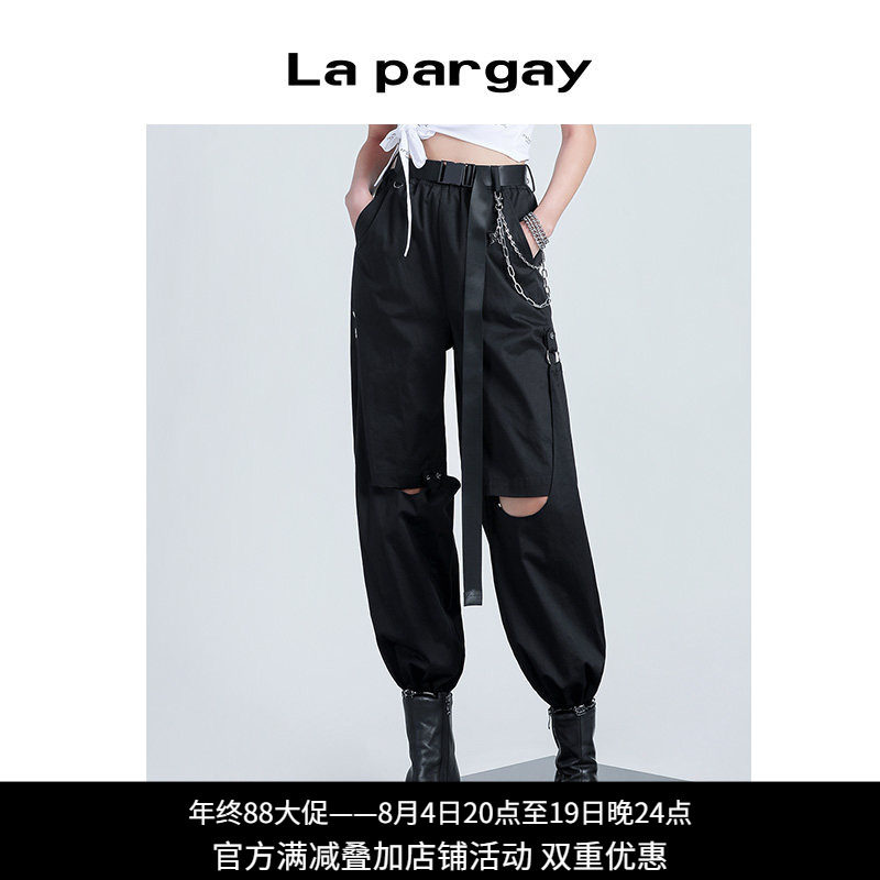 纳帕佳黑色飘带破洞束脚工装裤