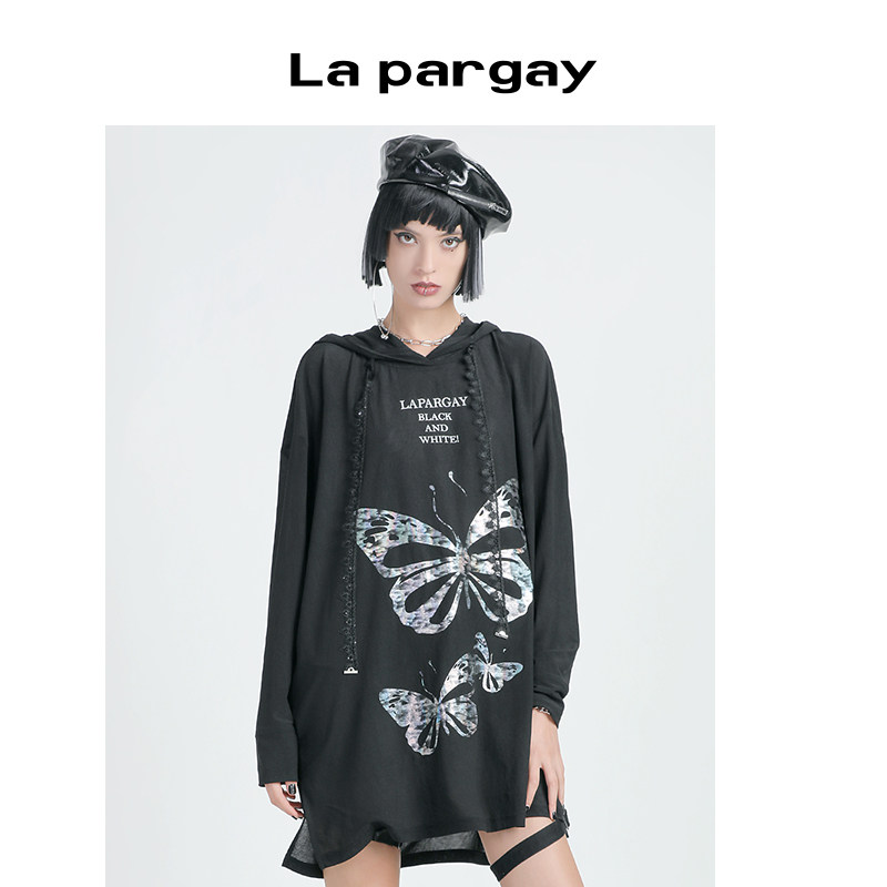 La pargay纳帕佳黑色蝴蝶印花长袖连帽T恤女宽松街头风轻薄质感
