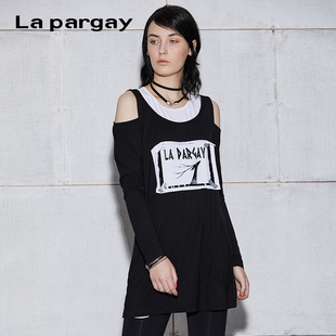 拼接假两件露肩长袖 Lapargay纳帕佳秋季 时尚 上衣中长款 T恤女 新款