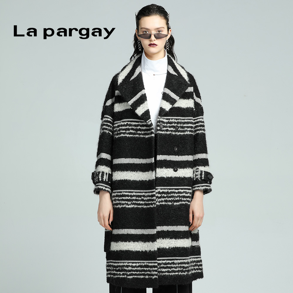 Lapargay纳帕佳2023新款马海毛羊毛混纺大衣休闲翻领条纹毛呢外套