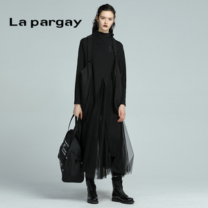 Lapargay纳帕佳2023秋冬新款黑色裙子设计感小众网纱拼接连衣裙女