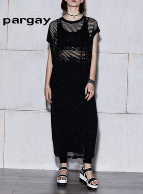 Lapargay纳帕佳夏季新款网布拼接领H型短袖套头连身裙女中长款