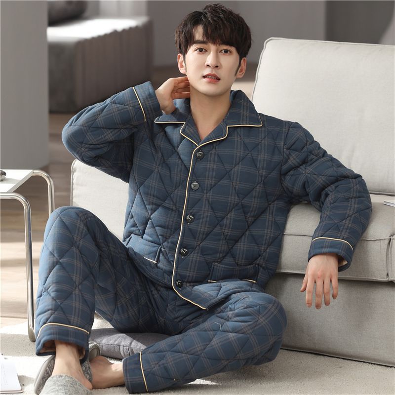 美梦纯棉三层加厚夹棉冬季男士睡衣棉袄秋冬款男大码居家服套装