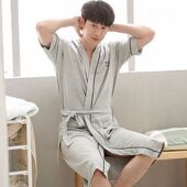男士 美梦夏天灰色100%纯棉睡袍男夏季 家用长款 薄款 睡衣情侣全 短袖