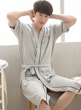 美梦夏天灰色100%纯棉睡袍男夏季短袖薄款家用长款男士睡衣情侣全