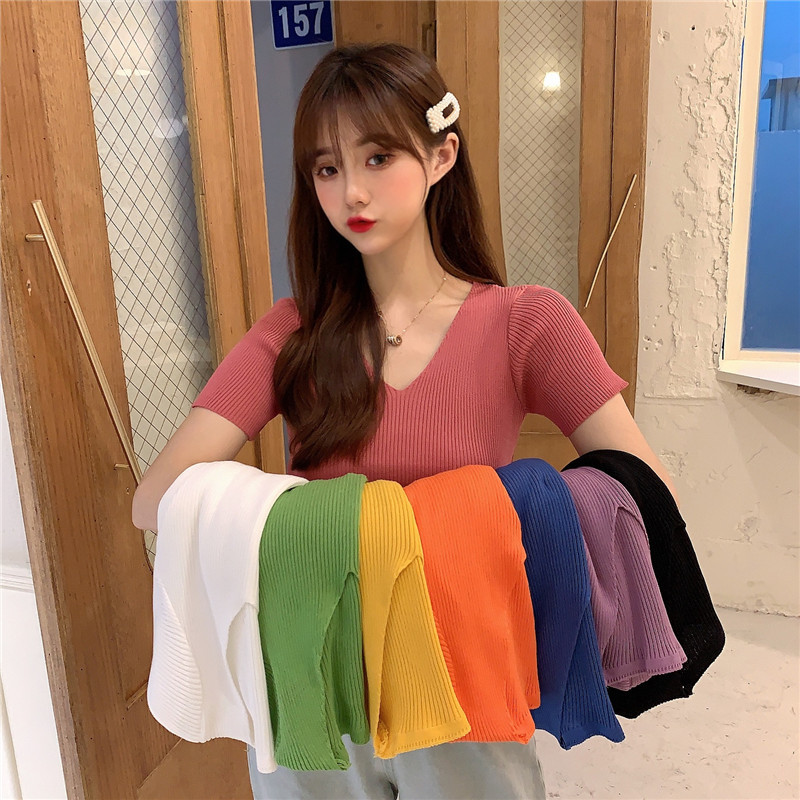 Real shot real price Korean neckpin knitted T-shirt slim and versatile