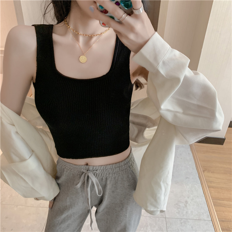 Real price early spring new knitted waistcoat with square neck and beautiful back short sleeveless top