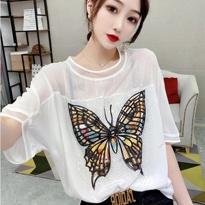 TR21519# 欧洲站夏新款蝴蝶印花重工烫钻宽松T恤女薄款冰丝上衣雪纺衫