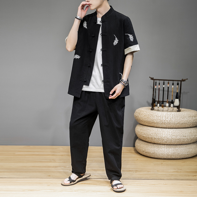 Chinese style feather short sleeve summer t-shirt men's trousers youth student cotton linen suit