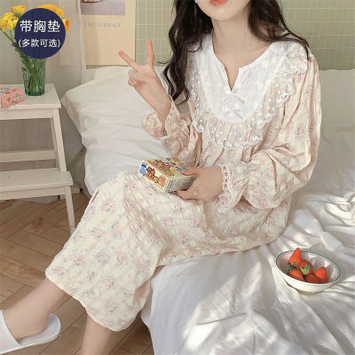 睡衣女款春秋季带胸垫2025年新款纯棉长袖睡裙薄款大码孕妇家居服