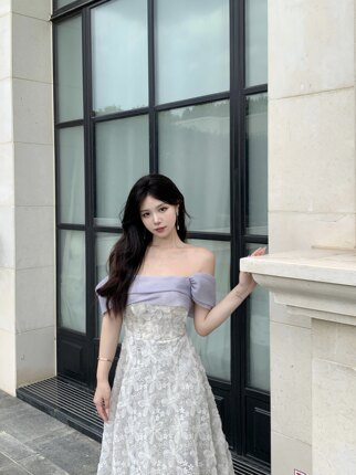 欧根纱亮片细闪一字肩法式立体印花气质淑女风敬酒连衣裙礼服