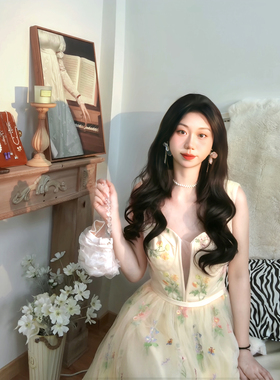 法式印花蕾丝碎花黄色气质连衣裙纱裙仙女裙party礼服裙