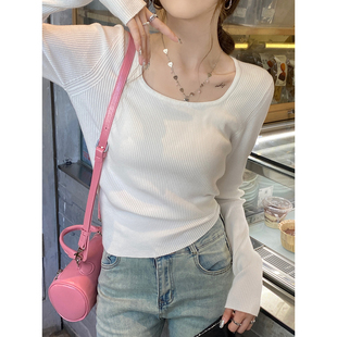 春秋新款修身型套头慵懒针织衫宽松毛衣修身内搭方领女装长袖上衣