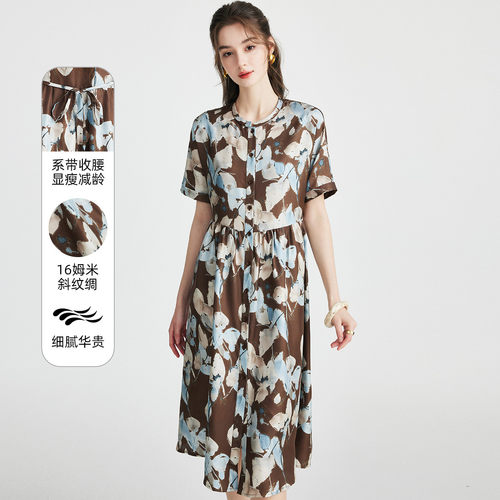 PALUOPO/帕罗100%桑蚕丝圆领高级感印花真丝连衣裙ES250750Z