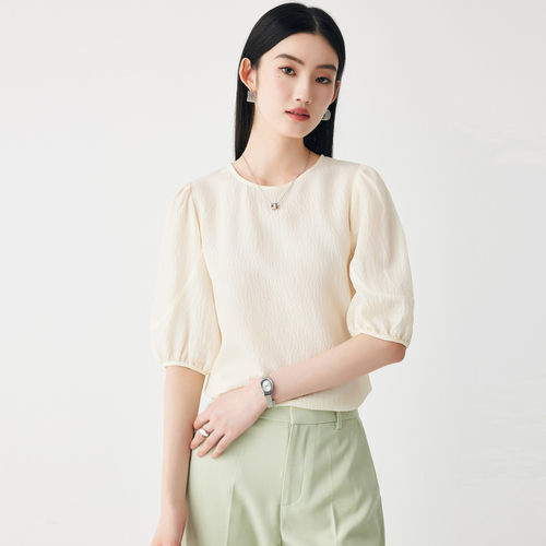 PALUOPO/帕罗圆领真丝细流绸透气泡泡袖上衣T恤女ES2F1026Z