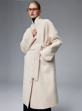 PALUOPO/帕罗立领纯色中长款外套厚款系带羊毛大衣女ET23378D
