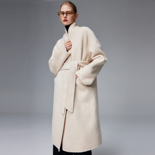 PALUOPO/帕罗立领纯色中长款外套厚款系带羊毛大衣女ET23378D