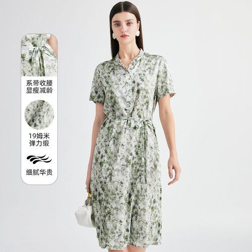 PALUOPO/帕罗立领系带收腰显瘦减龄印花连衣裙ES250707Z