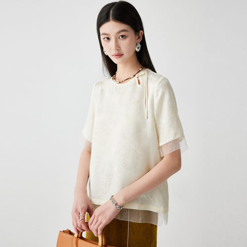 PALUOPO/帕罗圆领19姆米提花缎短袖真丝小衫T恤女ES2F1125Z