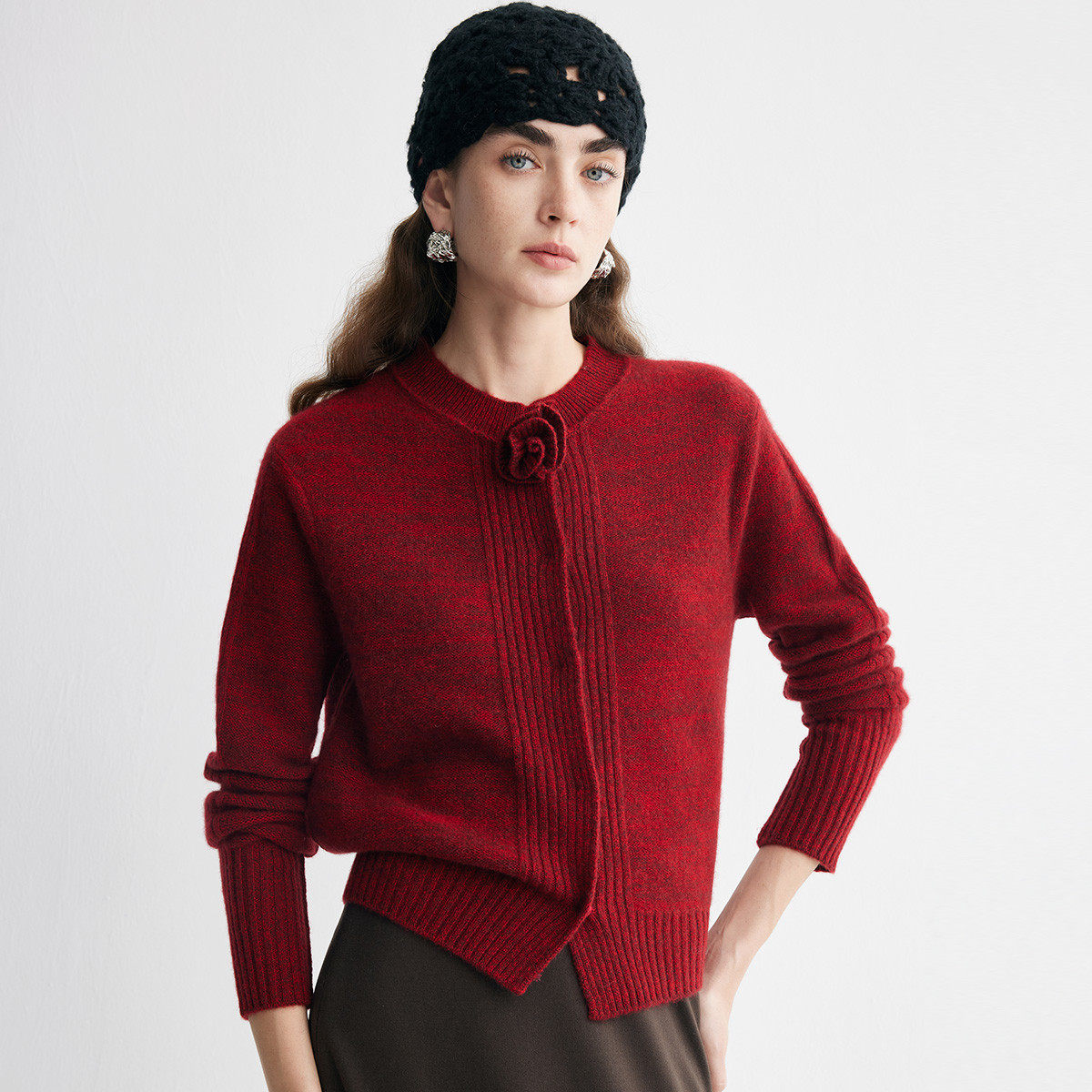 PALUOPO/帕罗秋冬圆领花纱毛衣厚开衫ET255138R