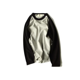 过载商店 烟灰/黑 纯棉拼色长袖T美式复古滚领男女打底