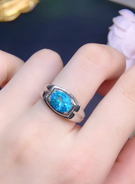 天然帕拉伊巴色托帕石戒指椭圆形时尚简约百搭日韩戒面镶嵌宝石