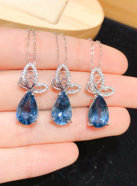 纯天然伦敦蓝托帕石吊坠，全净体品质火彩超赞 大颗粒水滴主石