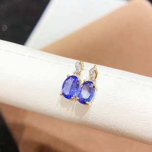 银镀18k金 天然坦桑石金球简约耳钉轻奢小众气质珠宝单颗5*7mm