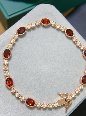 天然石榴石手链女银镀18K玫瑰金镶嵌钻石鸽血红轻奢珠宝彩色宝石