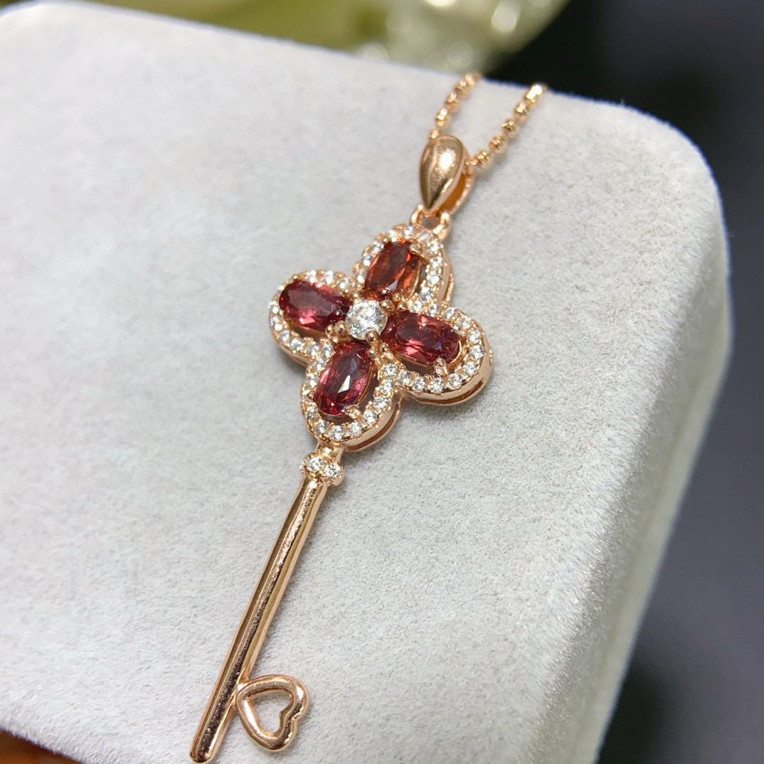银镀18k金镶嵌天然石榴石吊坠女款锁骨链宝石项链时尚百搭礼物