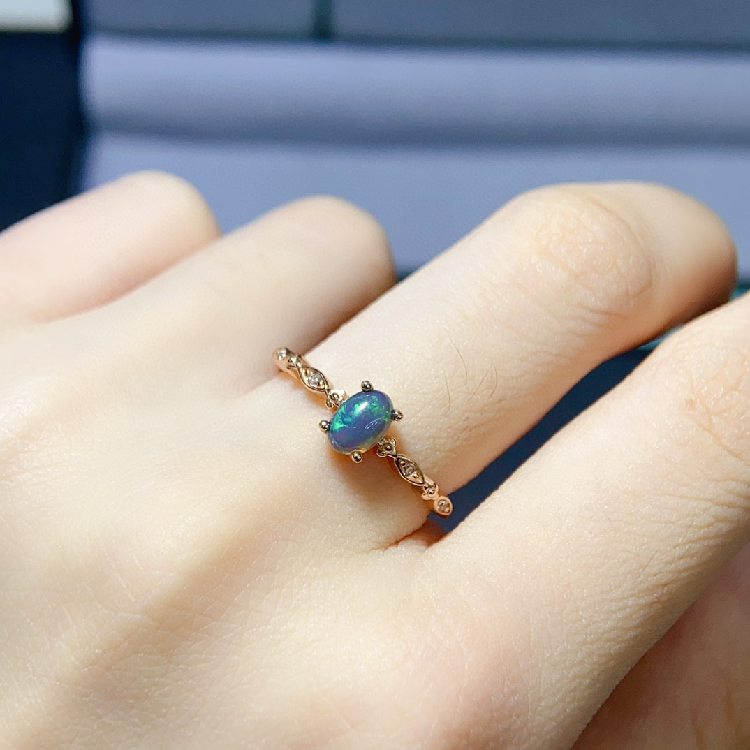 时尚s925银镀玫瑰金色天然欧泊戒指裸石4*6mm活口设计