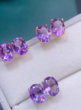 新款设计感高级轻奢气质百搭耳钉女款天然紫水晶耳钉主石7x9mm