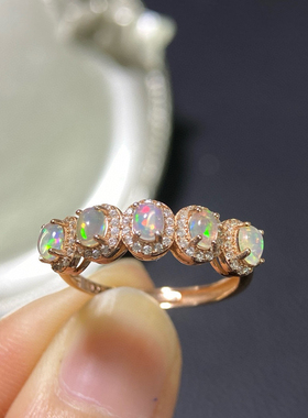 设计款 澳大利亚七彩天然欧泊宝石银镀18k金镶嵌华丽排戒戒指女