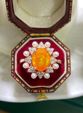 绚丽火欧泊戒指，晶体干净，主石8*10mm，S925银精工镶嵌