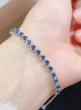 精致小轻奢天然蓝蓝宝石手链玻璃体 多颗 3MM925银镀金