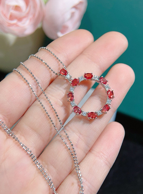 银饰吊坠天然红色蓝宝石圆形时尚百搭镶嵌红宝石蓝宝