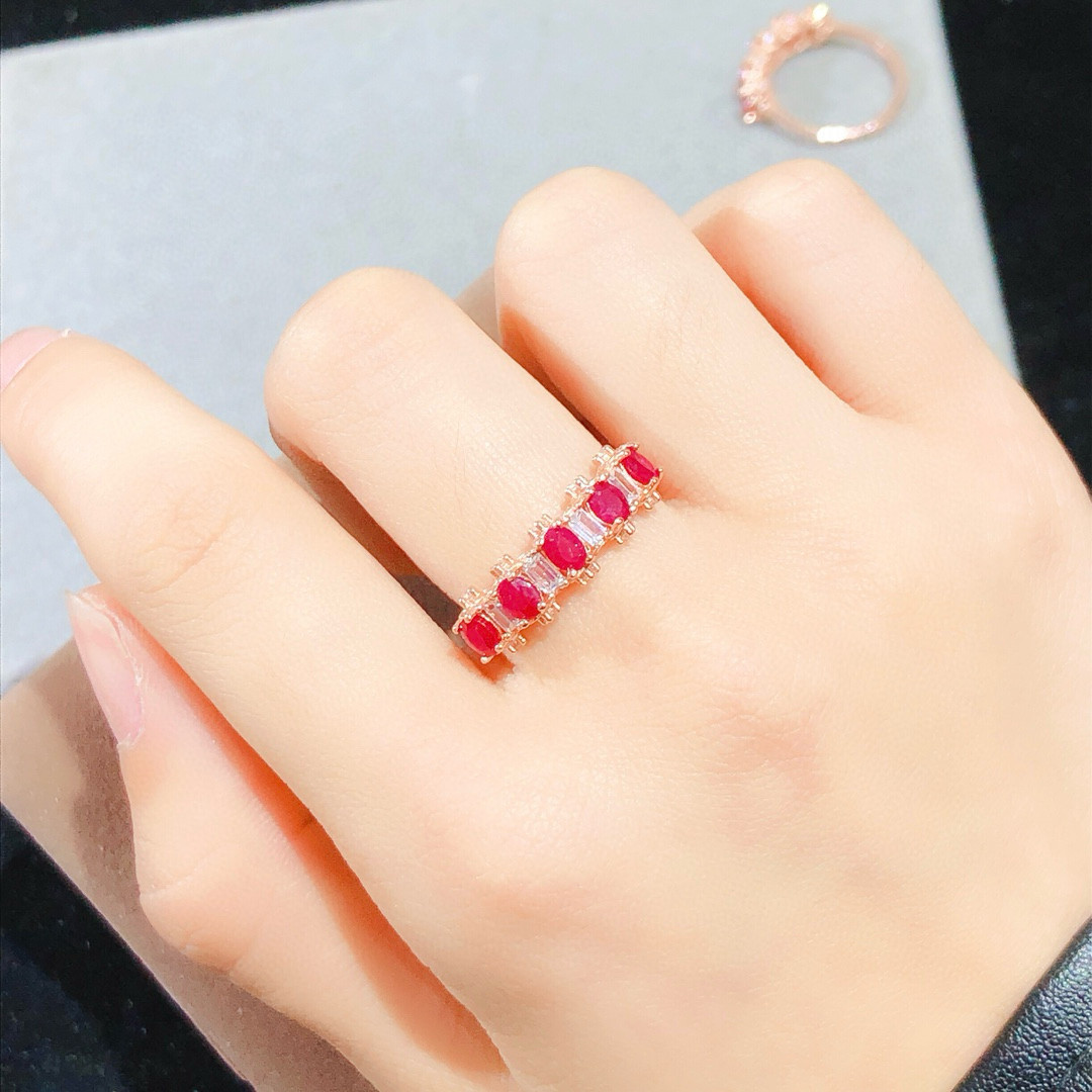 天然鸽血红红宝石戒指S925银精工镶嵌电镀18k玫瑰金色 主石3*4mm