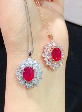 新烧精品红宝石吊坠 ，晶体干净火彩爆闪，8*10mms925银精工镶嵌