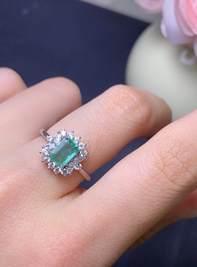 天然哥伦比亚祖母绿戒指主石尺寸5*7mm，925纯银精工镶嵌