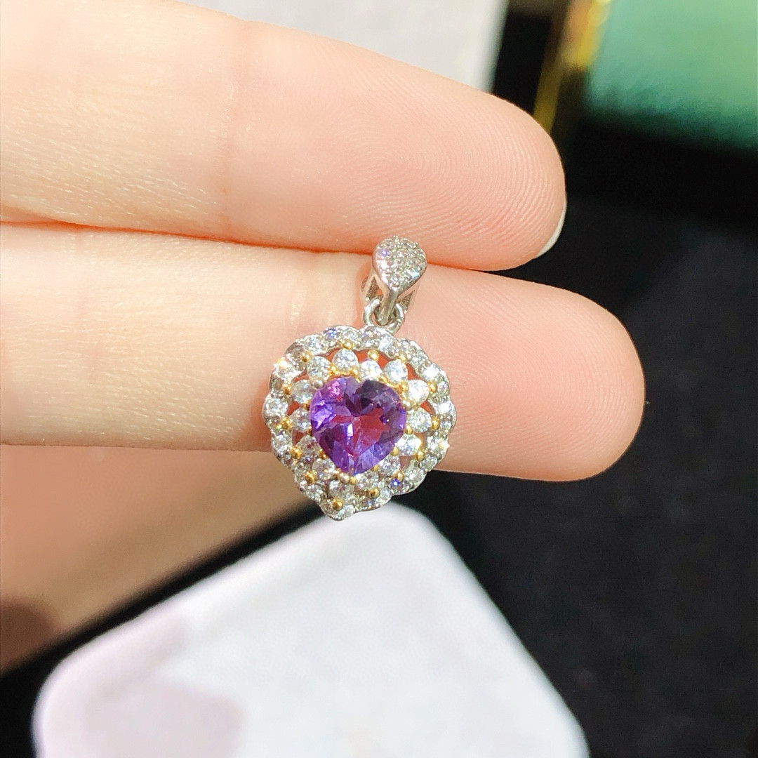 天然紫水晶吊坠女S925纯银项链日韩时尚简约锁骨饰品生日礼物送友