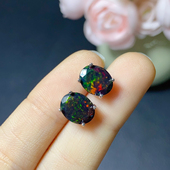 S925纯银镶嵌天然黑欧泊耳钉澳宝欧珀蛋白石耳饰原创礼物