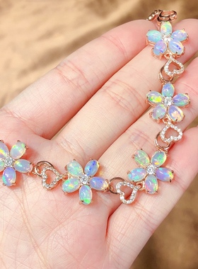 新款天然炫彩白欧泊手链 爆闪满火彩S925银精工镶嵌（配带证书）