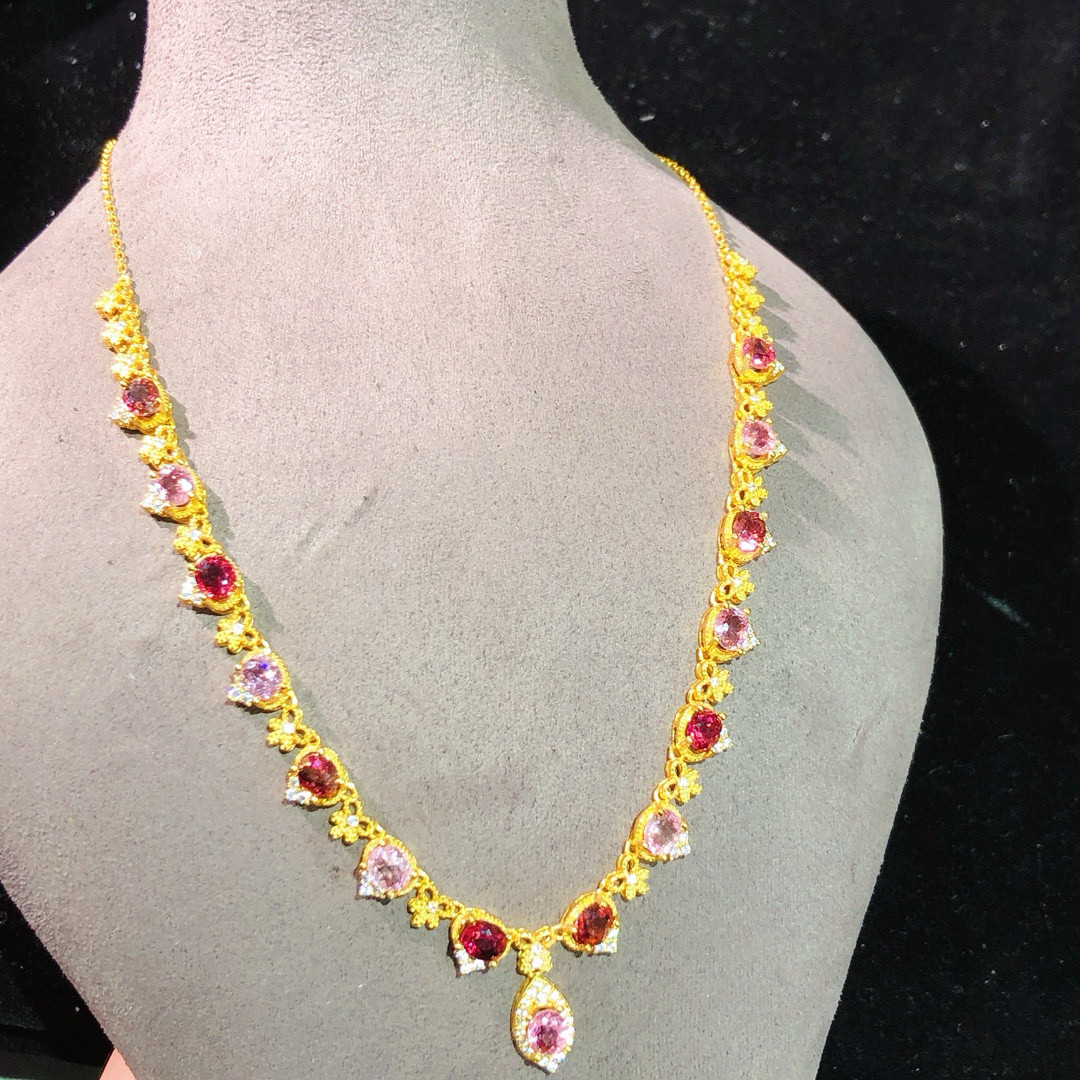 925银镀金镶嵌天然碧玺项链女款时尚百搭锁骨链颈饰送礼佳品