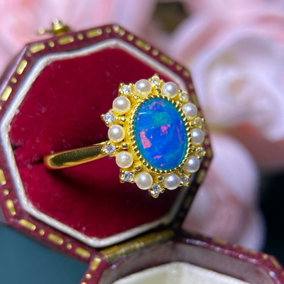 炫彩蓝欧泊戒指，绝美显白主石6*8mm，S925银精工镶嵌