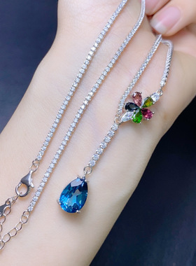 天然托帕石项链裸石尺寸8*12mm 碧玺3*5mm，925银精工镶嵌